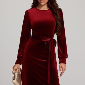Round Neck Tie Waist Long Sleeve Velvet Dress